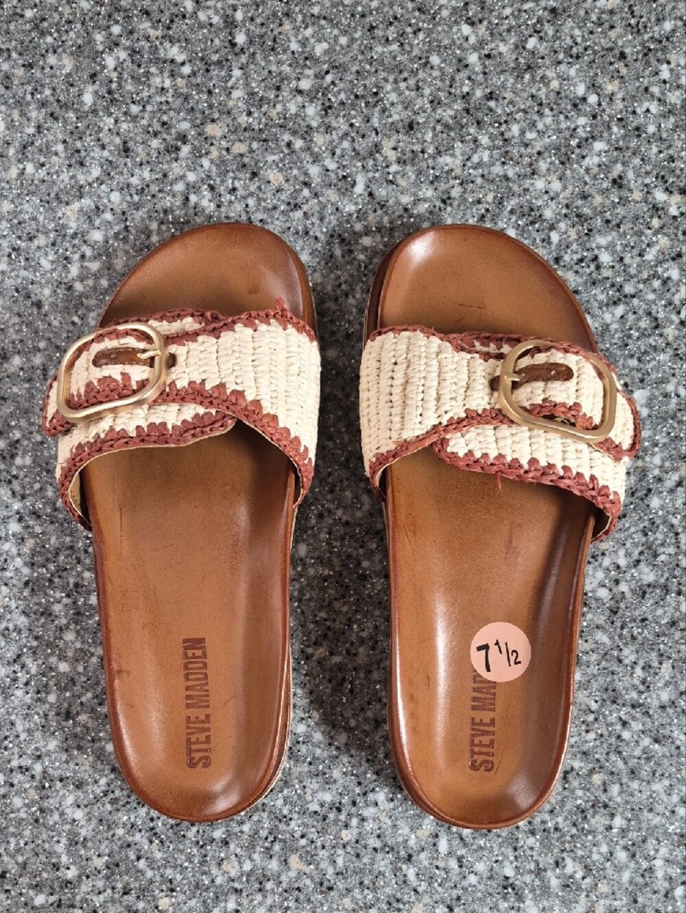 Steve Madden Woven Buckle Slide Sandals in Cream and Tan - Picture 5 of 6